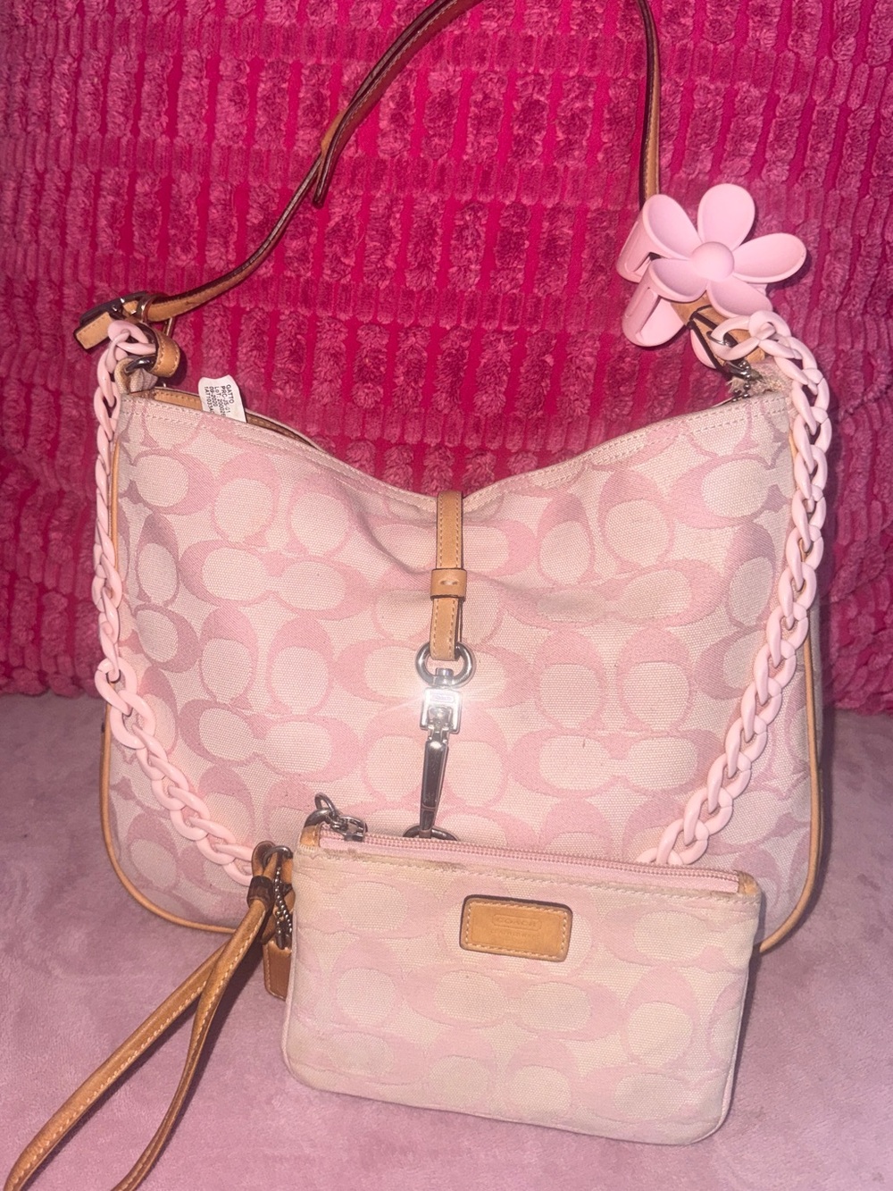 Vintage Coach Pink Signature Canvas Hobo Bag with Wristlet